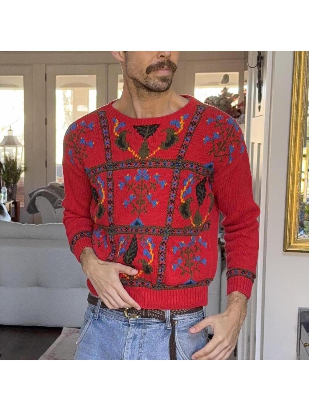 🌺 First Issue hand-knit floral sweater — XS (fits women’s XS/S or men’s XXS/XS) - Picture 1 of 6